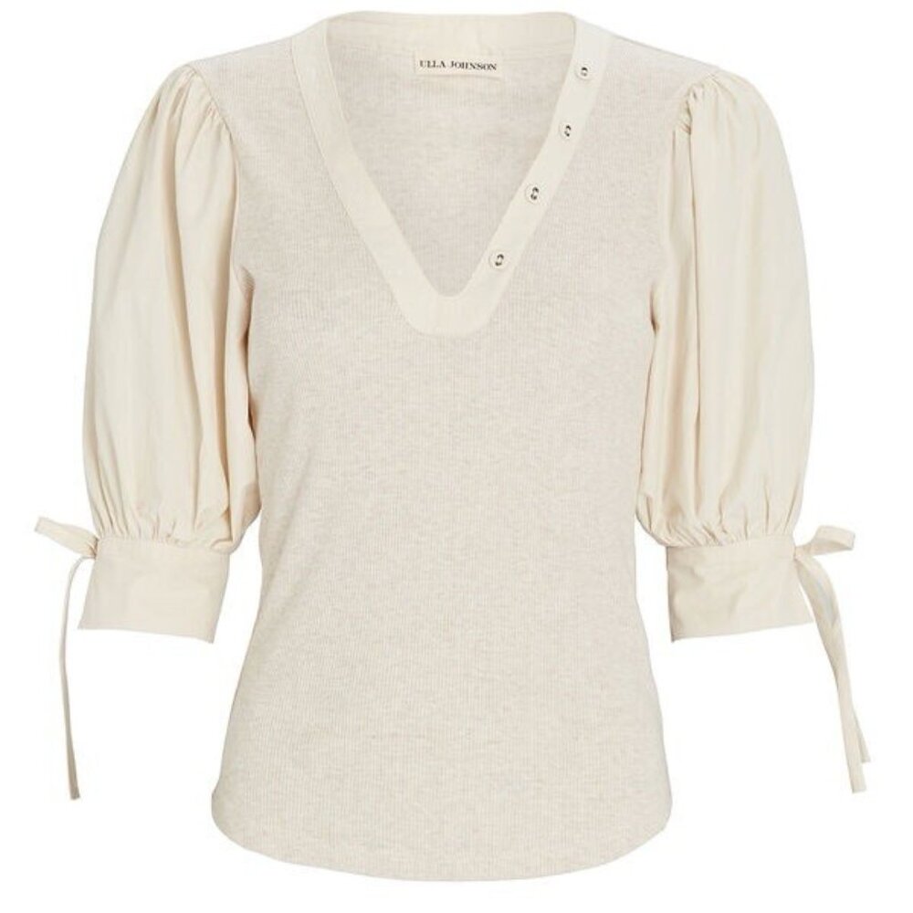 ULLA JOHNSON - Pia Ribbed Cotton Poplin Sleeve Top Oatmeal